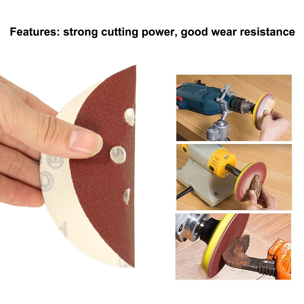 100 sztuk papier ścierny okrągły kształt tarcze szlifierskie 125mm Hook Loop papier ścierny polerowanie arkusz papieru ściernego 6 Hole Sander nakładka polerska