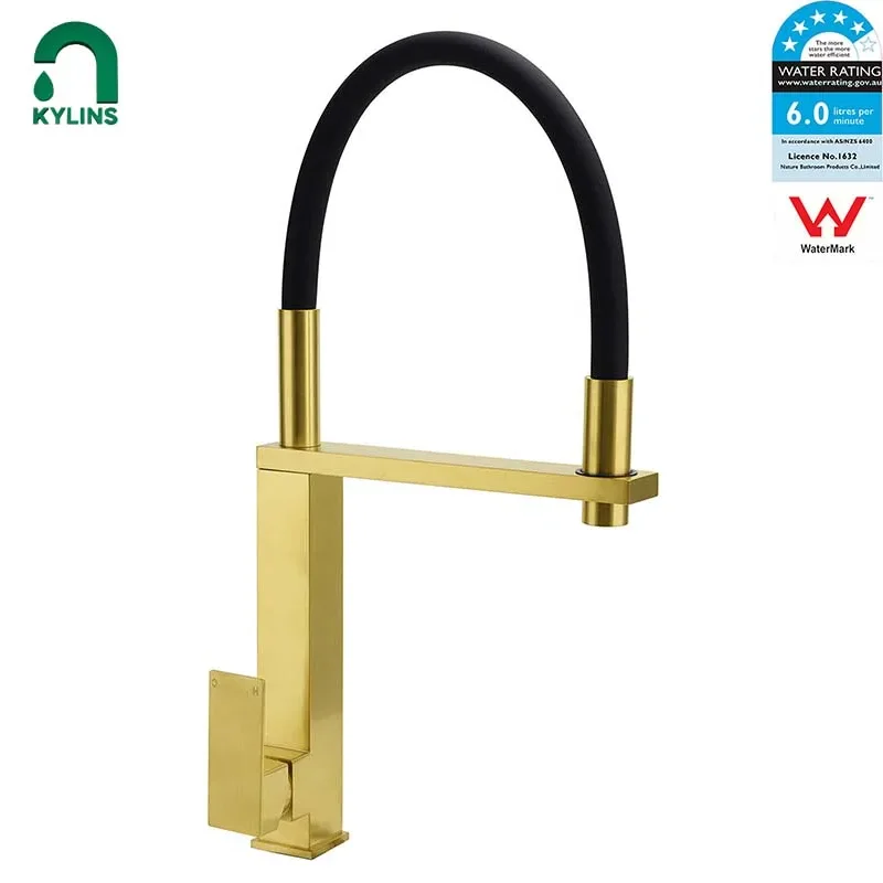 KYLINS Silicon Hose water Mixer Tap for Home  Brushed Gold Stainless Steel Square Pull Out Spout Kitchen Mixer Laundry Faucet