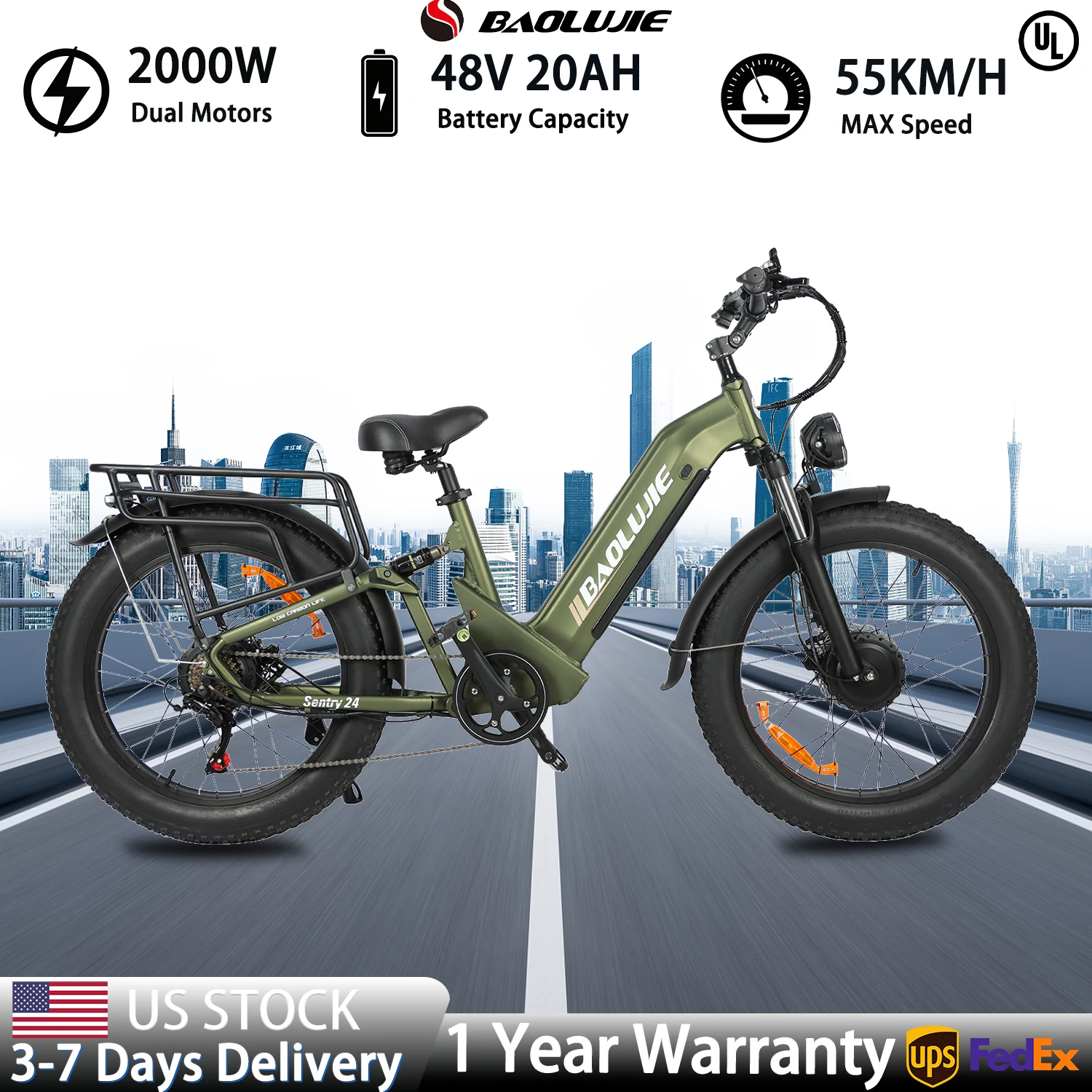 

BAOLUJIE 2402 2000W 48V 20AH Off-road Mountain for Woman Ebike 24 Inch Fat Tire 35MPH Electric Bike for Adults【1 Year Warranty】