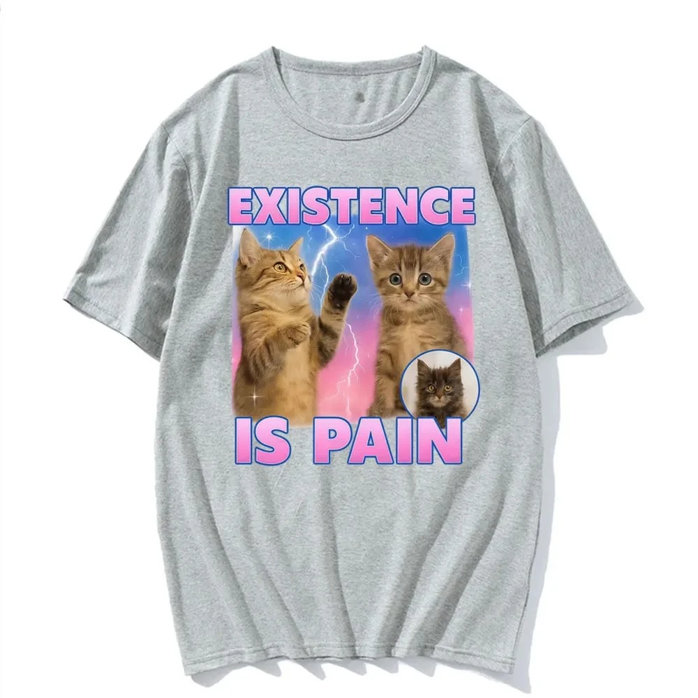 La existencia es el dolor. Camiseta divertida y linda con diseño de expresión de gato para mujer. Camiseta Kawaii de moda retro. Camiseta casual de verano.