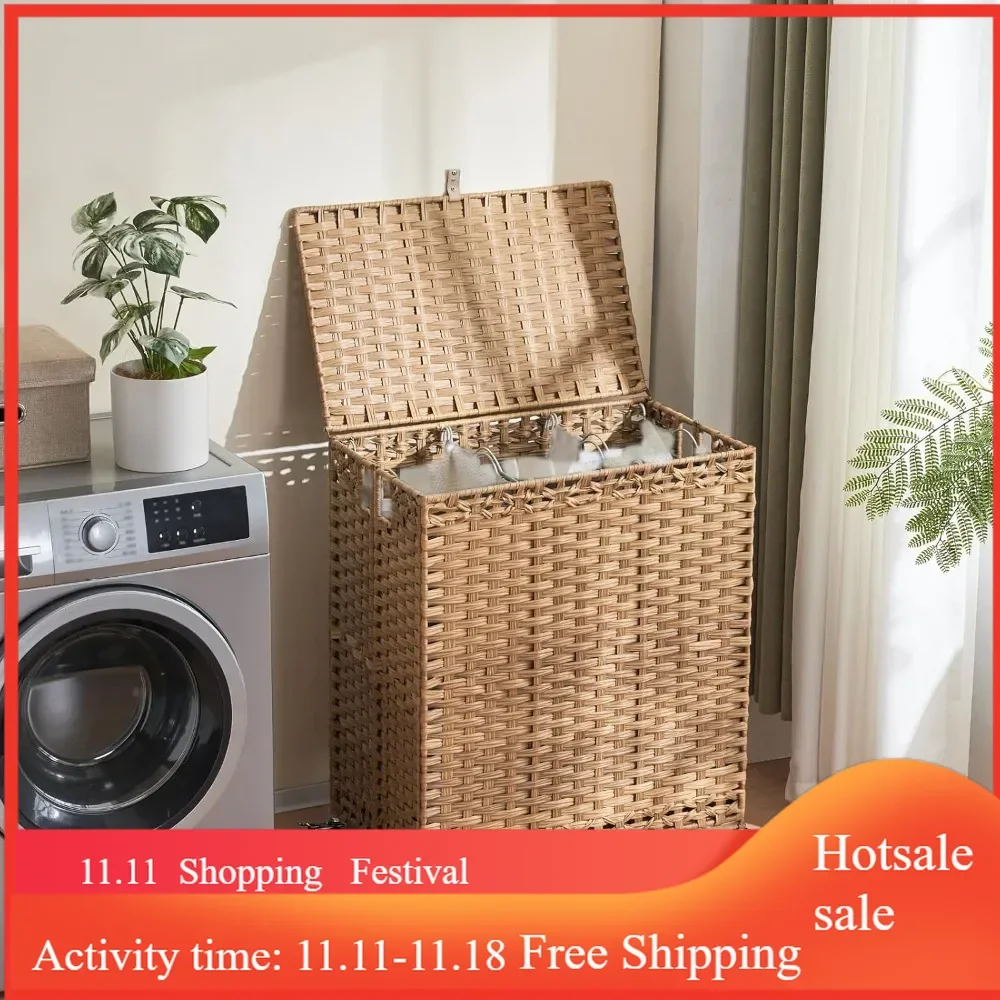 Laundry Hamper with Wheels&Lid, 50.2 Gallons(190L) Rolling Laundry Basket with Wheels,3-Section Laundry Hamper, Handwoven Rattan