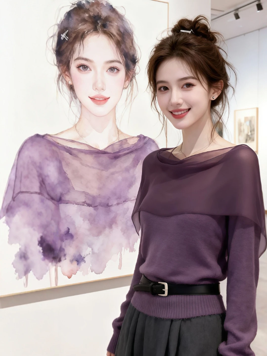 

Retro Soft Sle Beautiful Purple Waist-Cinching Knitwear Slimming Top Age-Defng Ele Winter Long Sve round Ne Pull...