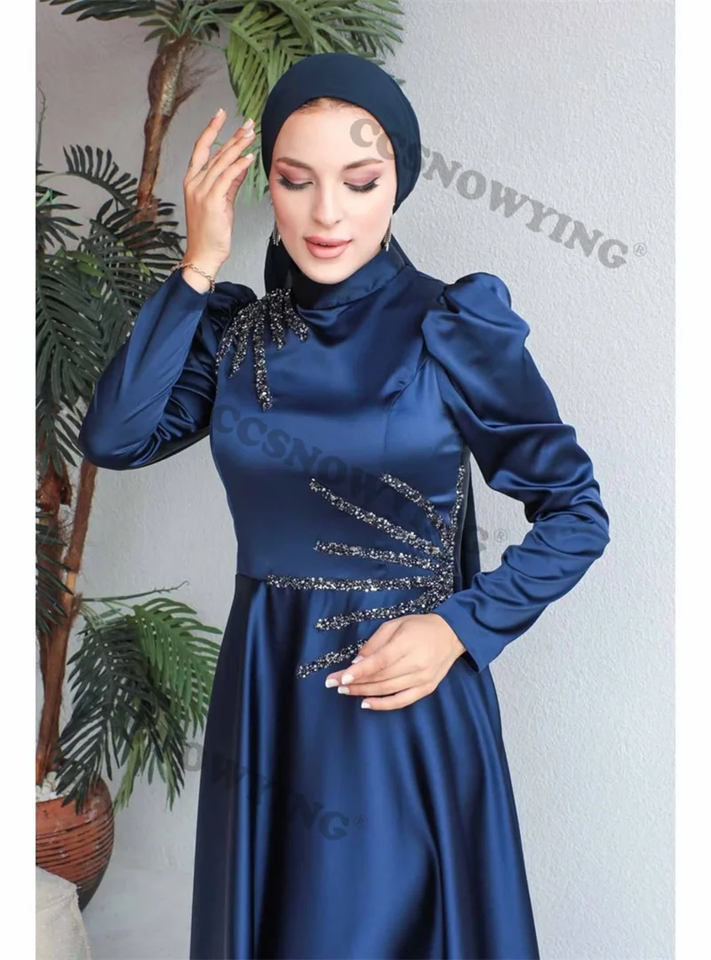 Vestido De noche musulmán De manga larga para mujer, Hijab, apliques De satén islámicos, vestido De fiesta Formal árabe De Dubái, azul marino