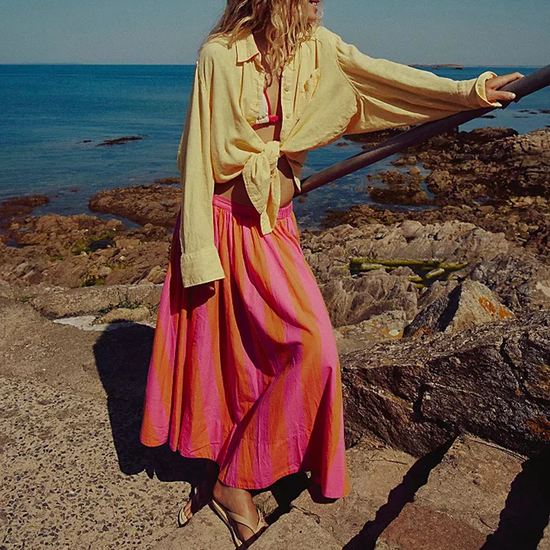 Elegant Lady Pleated Commuted Long Skirt Casual Stripe Printed High Waist A-line Skirts Summer Beach Party Vacation Loose Skirts