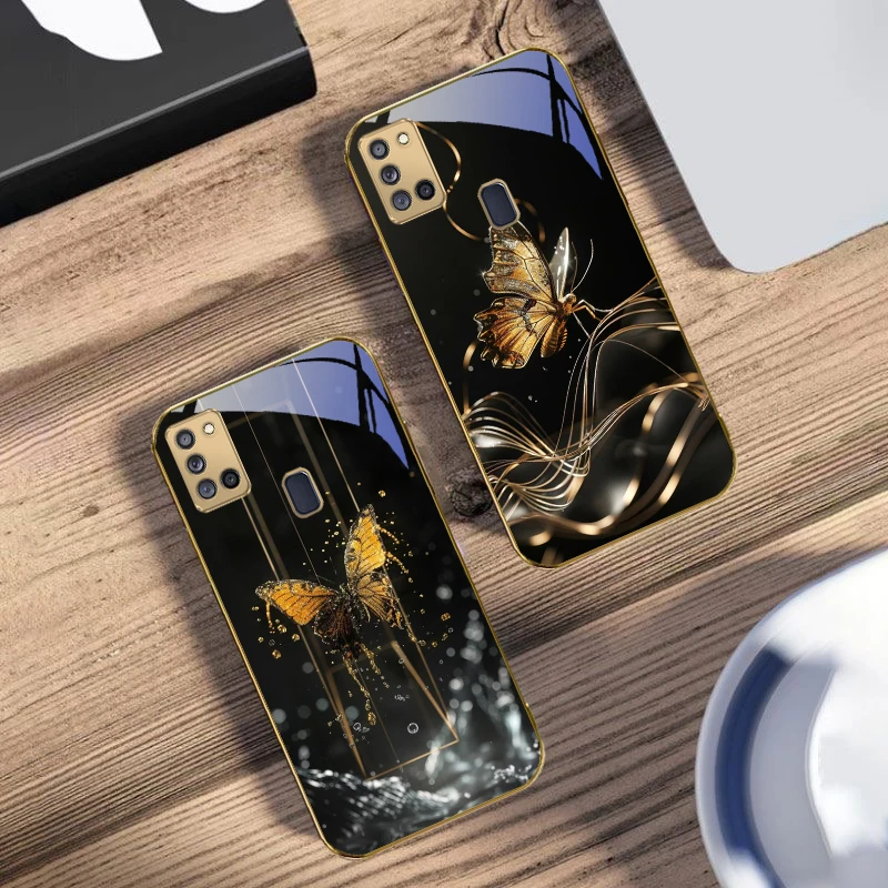 الفراشة الذهبية لسامسونج A 31 32 A33 A34 35 14 A15 13 16 25 26 50 52 53 54 55 56 70 71 72 73 حافظة هاتف زجاجية ذهبية