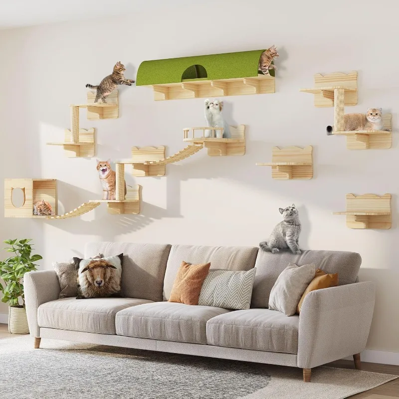 

Cat Wall Shelves and Perches for Wall, Pine Wooden Wall Mounted Cat Furniture, Set of 16 Cat Climbing Shelves