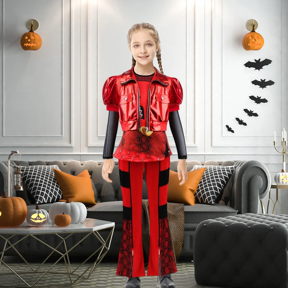 

Halloween Descendants 4 Movie Stylish Red Costume Short Sleeves Jacket Top Flared Pants Wig 4PCS For Halloween Birthday Party