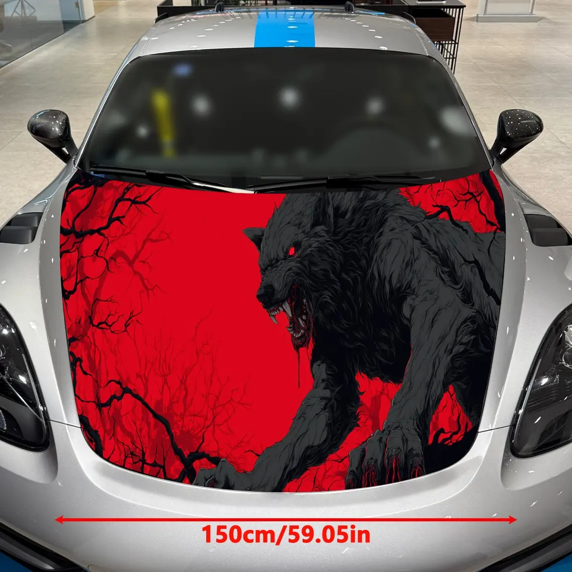 Bloody Black Wolf Dominance Scene PVC Car Engine Hood Vinyl Wraps, Self-Adhesive Waterproof Car Hood Decal Sticker, Car Decorati