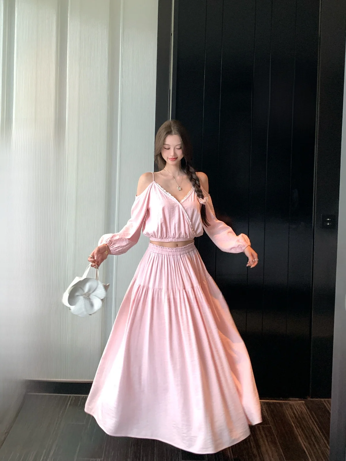 

LIONE Sweet Cherry Blossom Pink oulder Bared irt And f Юбка Длинный комплект Dr Женский модный летний наряд Sweet Sle