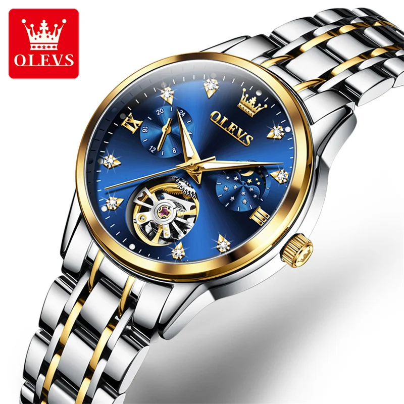 OLEVS Fashion Moon Phase Tourbillon Women Watch Luxury Brand Stainless Steel Automatic Mechanical Watch Waterproof Reloj Mujer