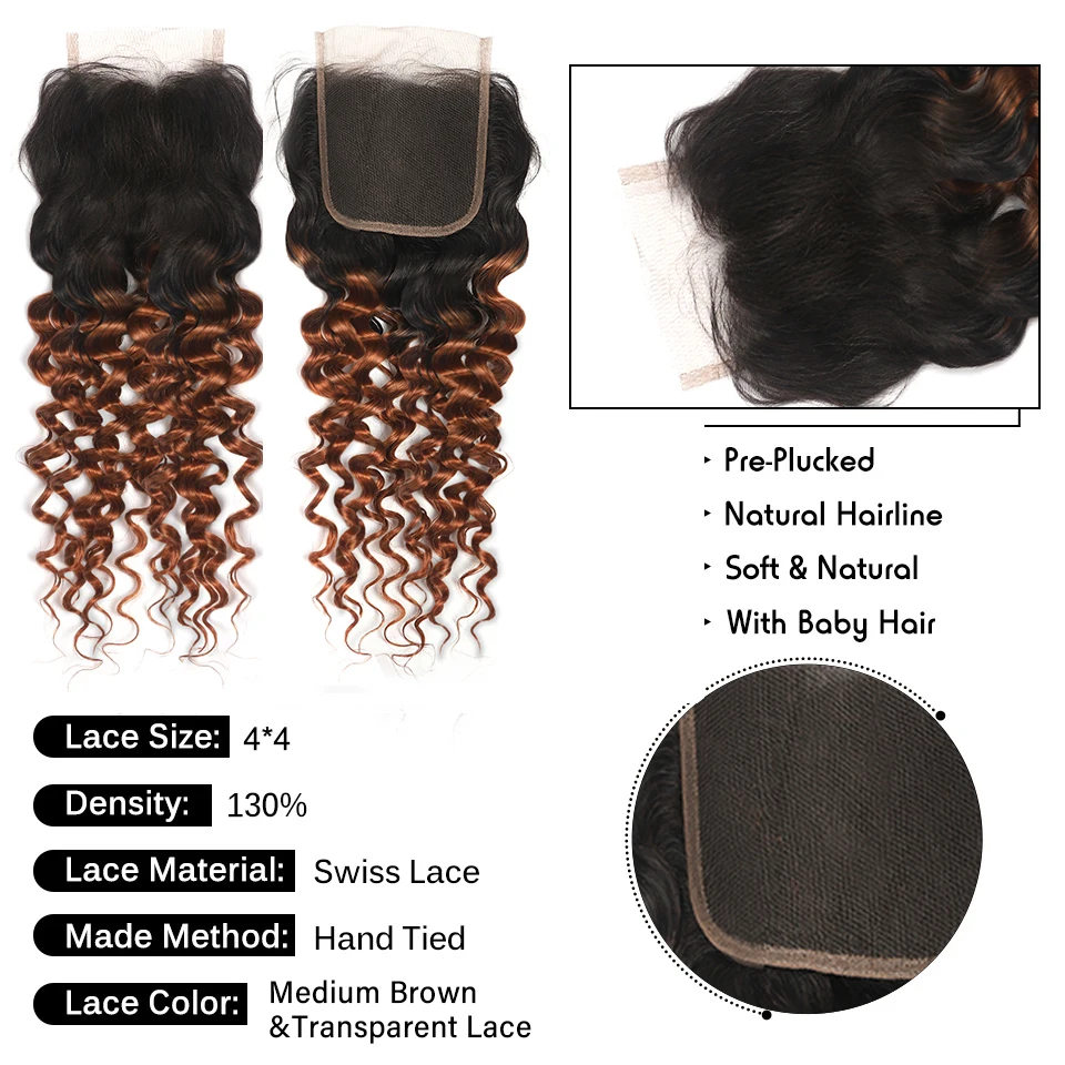 KCaroline Hair-Tissage en Lot Brésilien Non Remy avec Closure, Extensions de Cheveux Naturels Deep Wave, Brun Ombré, 4x4, Coloré, 3 Pièces