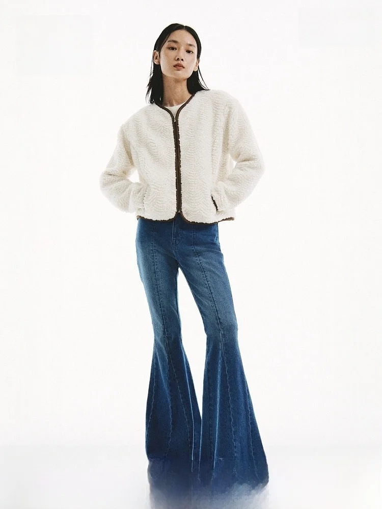 

H&M Women's Teddy Fce Zipper Cardigan Spring 2026 Chou White Versatile Stand Fit Polyester Fiber Casual Ele Sle