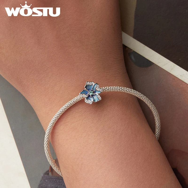 WOSTU 925 فضة ملون فراشة قلادة زهرة سيليكون الخرز قوس قزح كراب سحر صالح الأصلي سوار قلادة DIY بها بنفسك