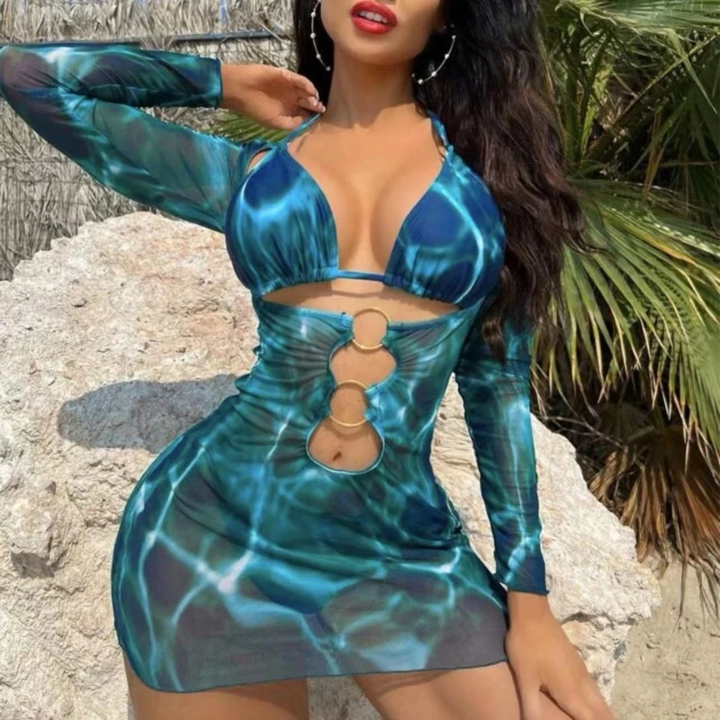 Women Solid Color Bathing Suit Halters Thong Swimwears Summer Three Pieces Split Swimsuits with Long Sleeves Cover Up