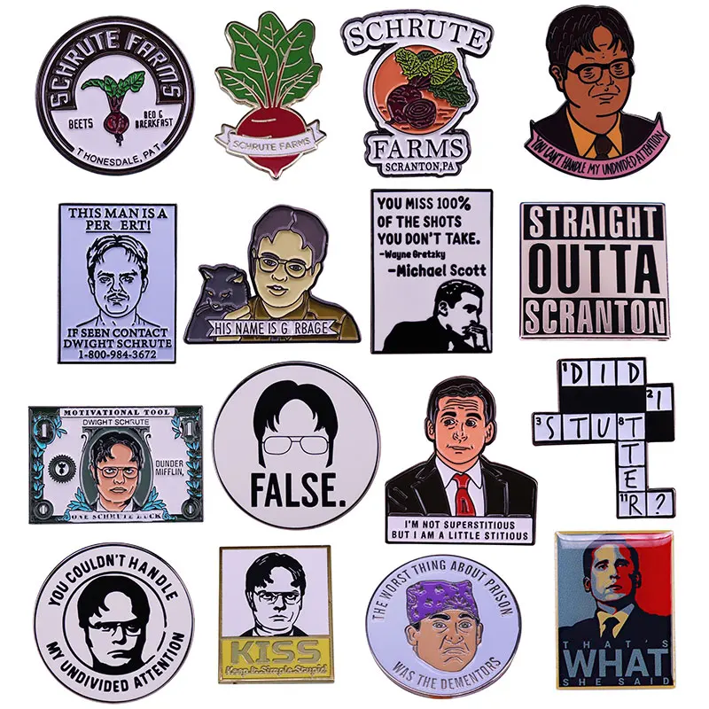 The Office Pin Badge Dwght Schrute Farms Beets Ryan Started The Fire Prison Mike Not Superstitious Kevin Spilling Chili Brooch