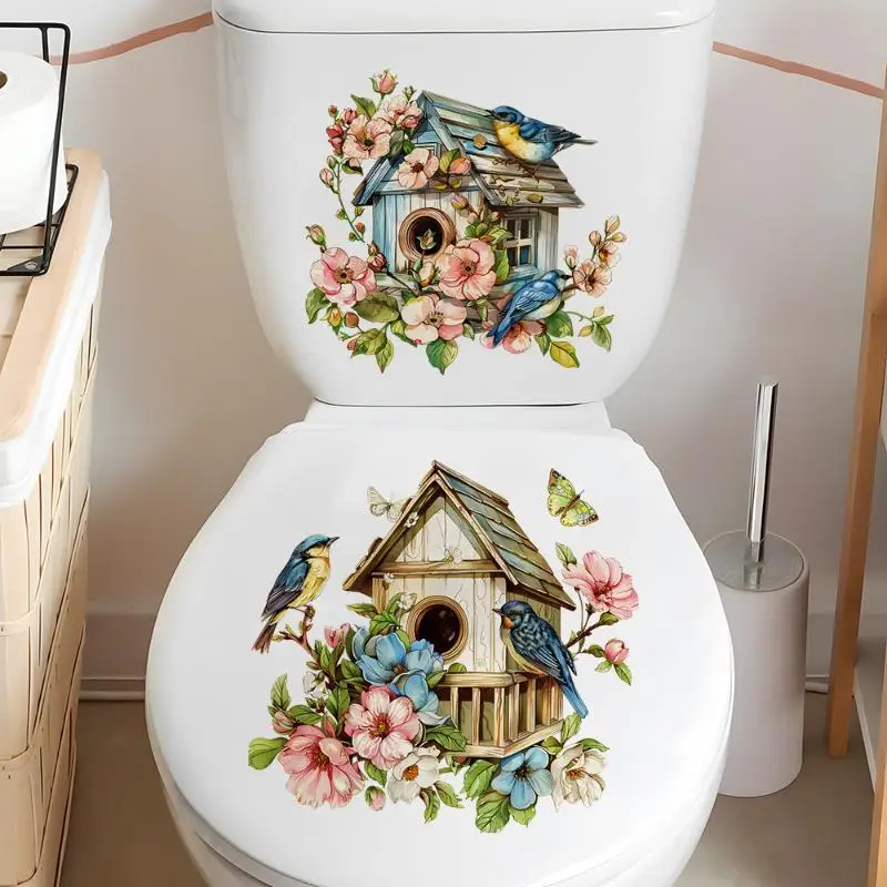 1 Set Cartoon Branch Bird Wall Sticker Bathroom Toilet Decor Living Room Toilet Seat Tank Decor