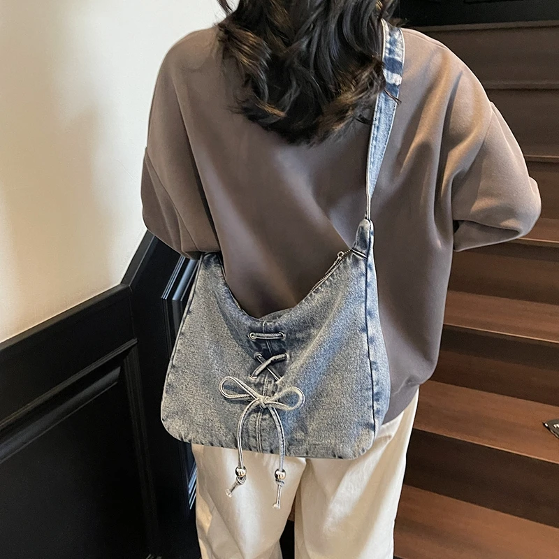 

Bow Denim Women's Bag New Jeans Shoulder Bag Cowboy Handbag Canvas Messenger Bag Y2K Eco Bag Korean School Cross Bag Solid Purse