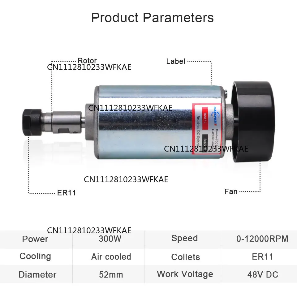Daedalus CNC 300W Brush Spindle Motor ER11 Chuck 48v DC Motor Air Cooled With 52mm Bracket Clamp Aluminium Fixture