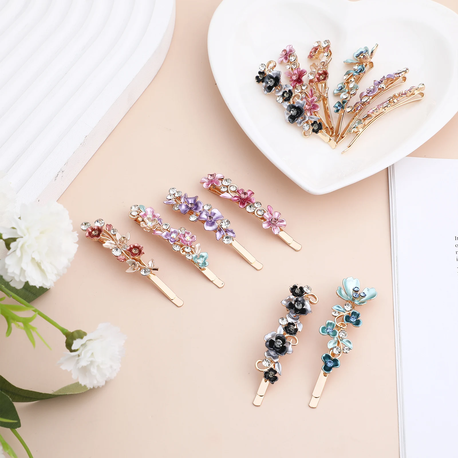 

12 Pcs Vintage Flower Hairpins Rhinestone Decorative Clips for Women Blue Pink Beige Purple Hair Barrettes Accessories