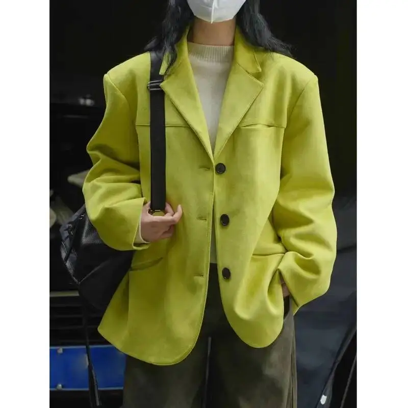 

Autumn Vintage Suede Suit Jacket Women Lapel Collar Pocket Straight Single Breasted Suit Coat