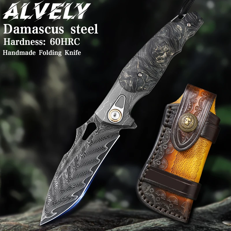

Handmade Damascus Steel Pocket Knife, Men's EDC Folding Knife, Camping Adventure, Hunting Survival Carrying Pocket Knife.