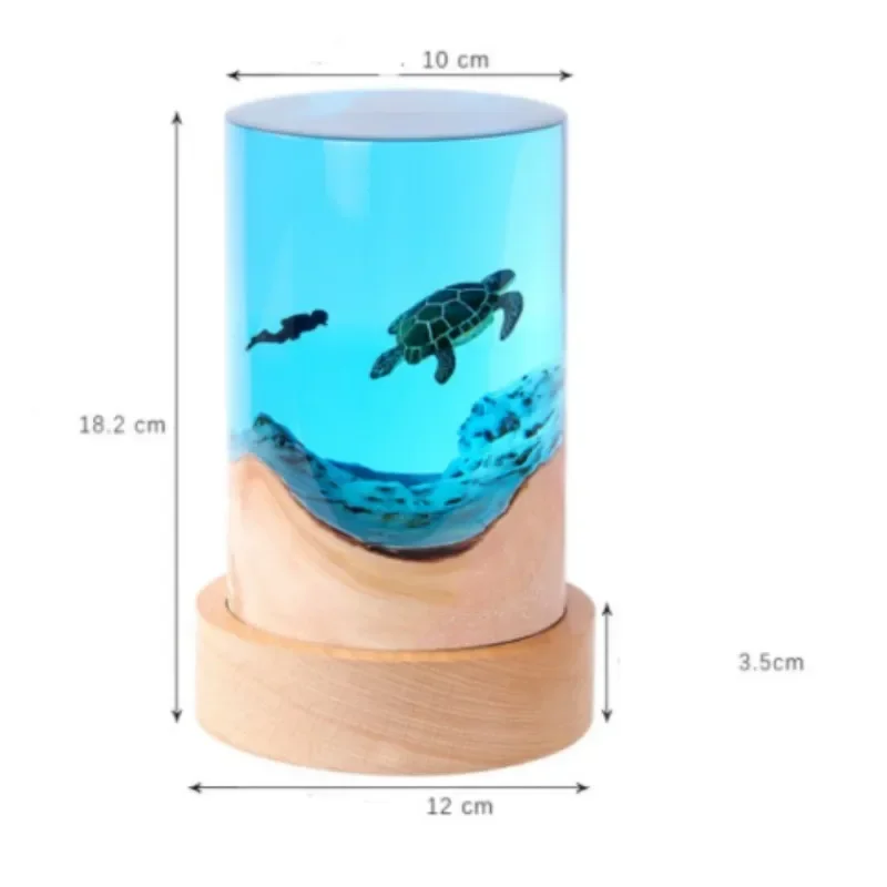 Home Decoration Marine Turtle Whale Shark Diver Desktop Decoration Cylinder Solid Wood Resin Night Light