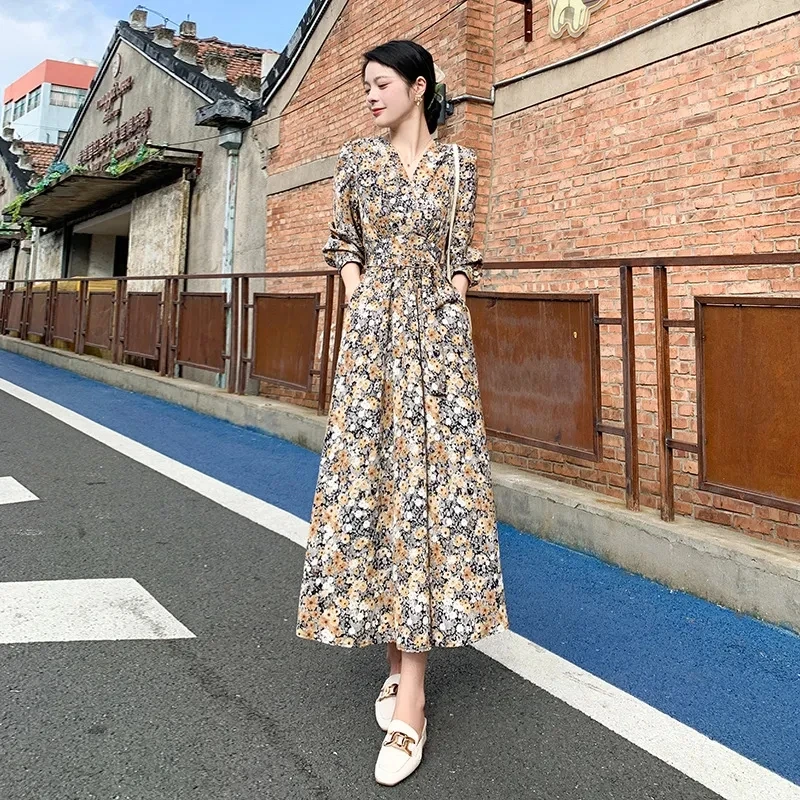 

Spring Autumn Elegant Dress Women's 2024Long-Sleeved Blouse Mid-Length floral Dresses Ladies Office V-Neck Print Party Dress Y2k