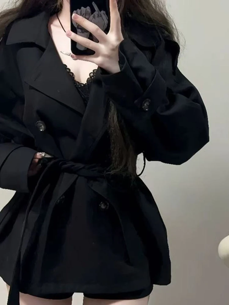 

Y2K Black Coats for Women Korean Loose Elegant Double Breasted Lace Up Trench Jacket Ropa Mujer Streetwear Lapel Blend Outerwear