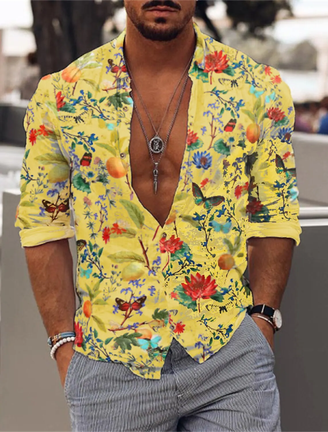 Men's Shirt Floral Turndown  Casual Vacation Long Sleeve Button-Down Print Clothing Apparel Fashion Designer Casual Comfortable