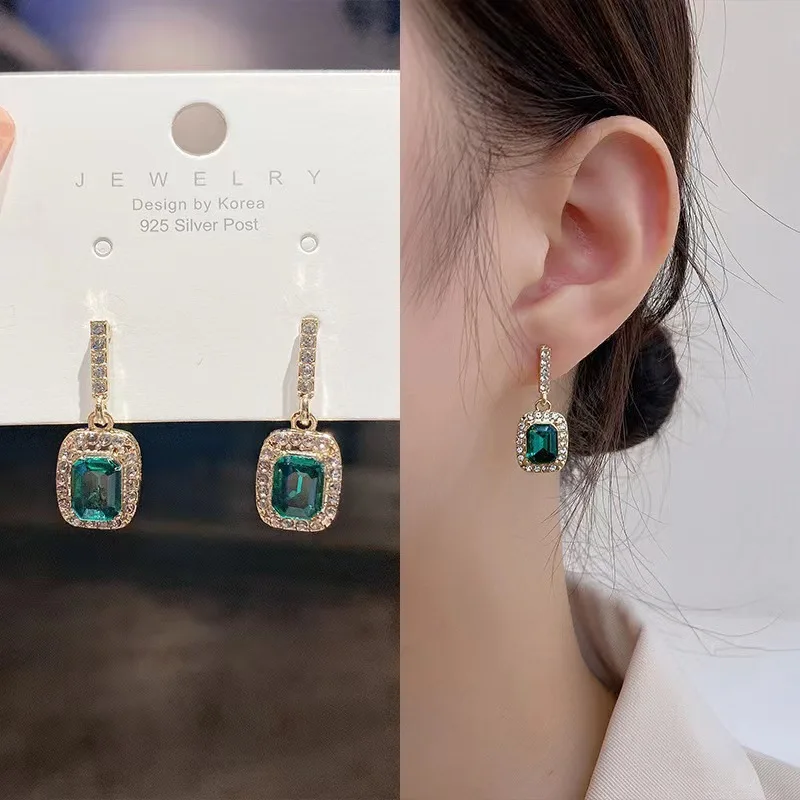 Luxury Green Grandmother Emerald Square Stud Earrings for Women Bridal Wedding Party Accessories Trendy Woman Jewelry Earrings