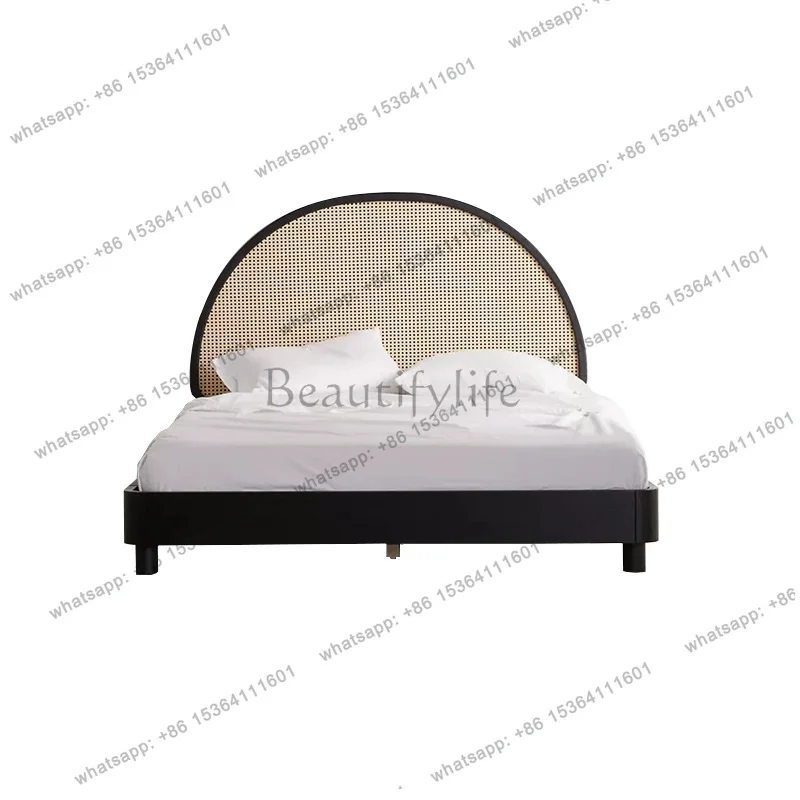 

Nordic solid wood retro rattan bed household small apartment double bed wabi sandy wind