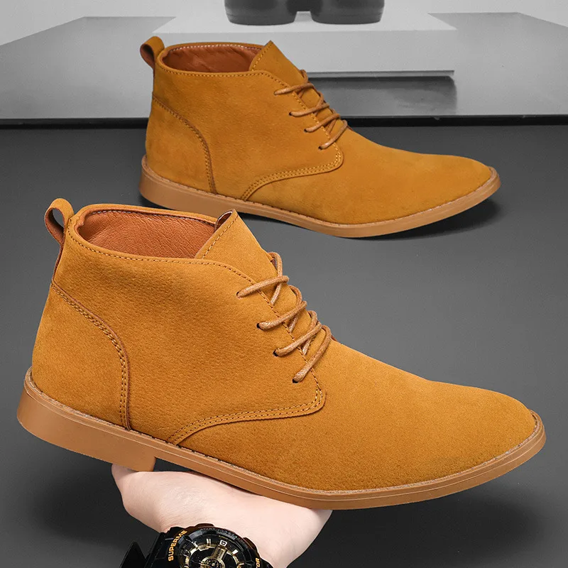 Estilo britânico amarelo botas de couro masculino apontou camurça chelsea botas masculinas tamanho 39-46 conforto botas de tornozelo plana homem botas de cuero