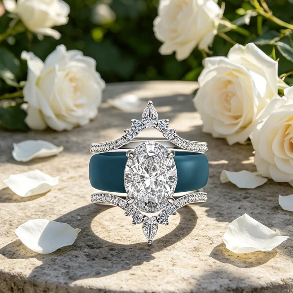 Teal/Blue Silicone Crown Wedding Ring Set 3pcs Oval Cut CZ Stackable Engagement Rings for Women Bridal Promise Jewelry Gift