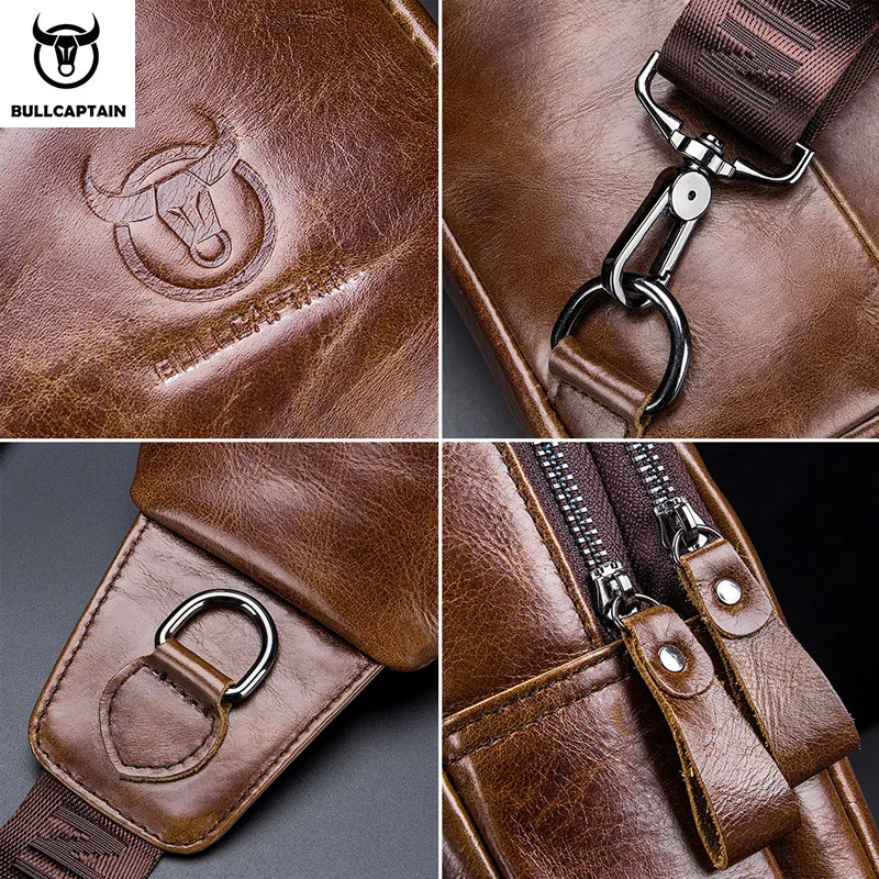 BULLCAPTAIN-saco de peito de couro masculino, saco de mensageiro casual multifunções, compartimento de telefone móvel, moda masculina