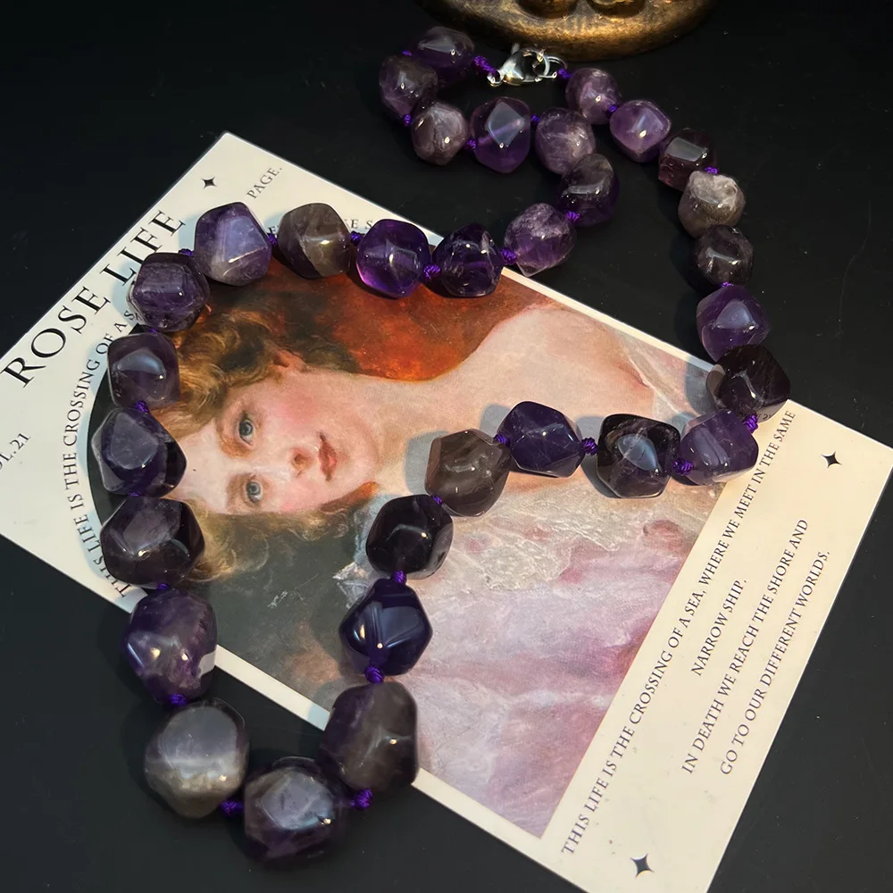 Amethyst Rose Smoky Quartz Prehnite Malachite Natural Stone Multi-Faceted Necklace Retro Long Sweater Chain Collar Women Jewelry