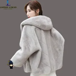 New Faux Mink Fur Coat for Women, Single Breasted Jacket,Korean Outwear,Hooded, Quilted, Thick , Autumn and Winter