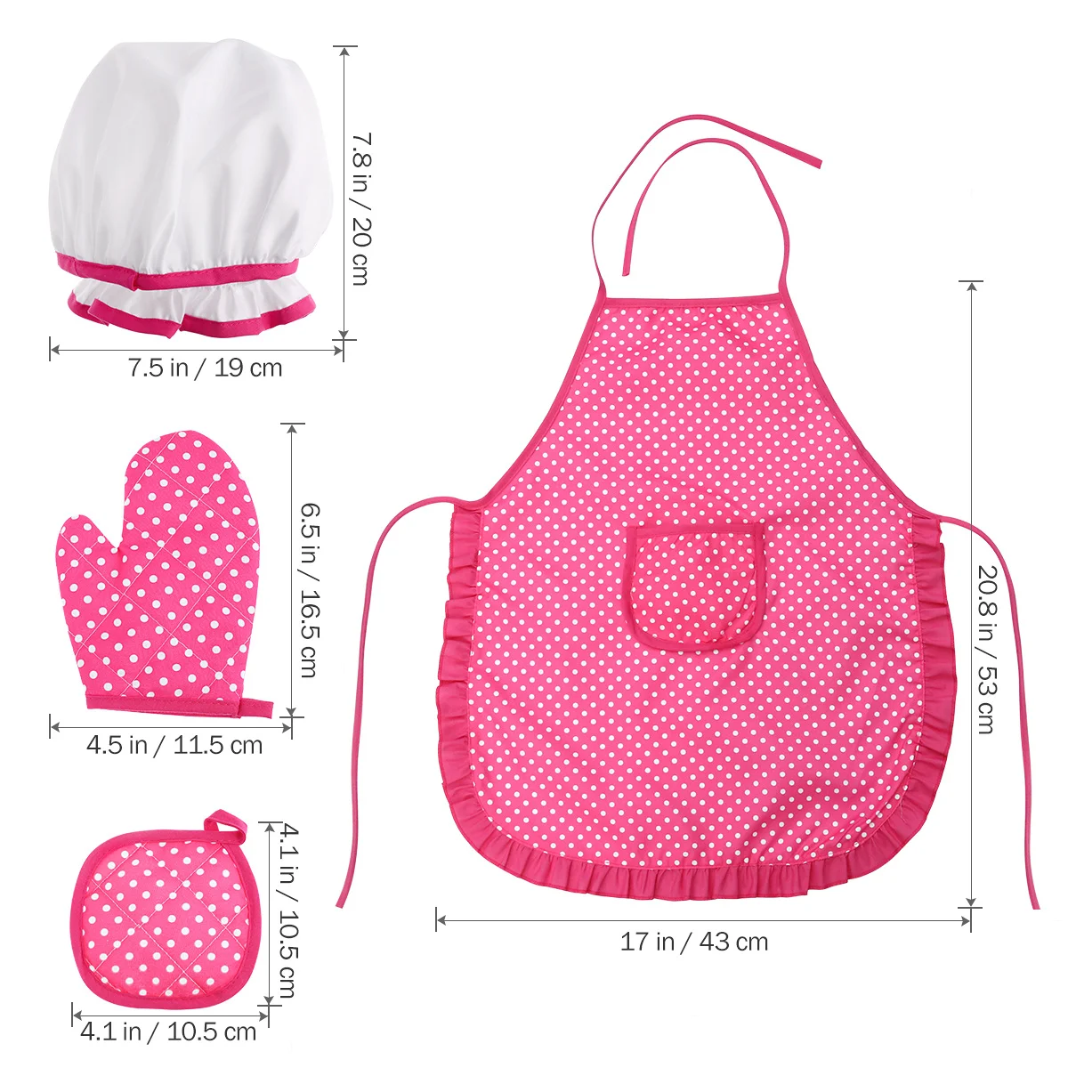 11-teiliges komplettes Küchenspielset für Kinder, rosa Kostüm, Rüschenbesatz, verstellbare Schürze, Hut, Holzlöffel, Nudelholz