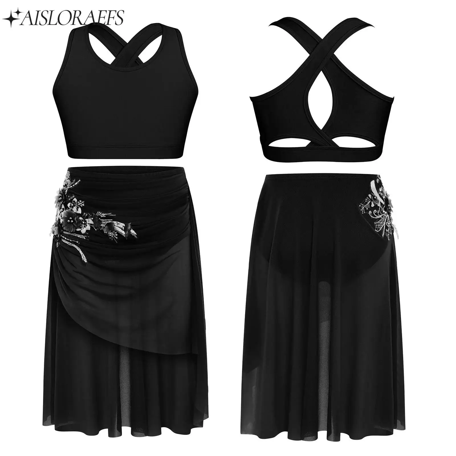 

2Pcs Kids Girls Lyrical Contemporary Dance Costume Modern Dance Clothes Suit Tops with Applique Skirts Performance Dancewear Set