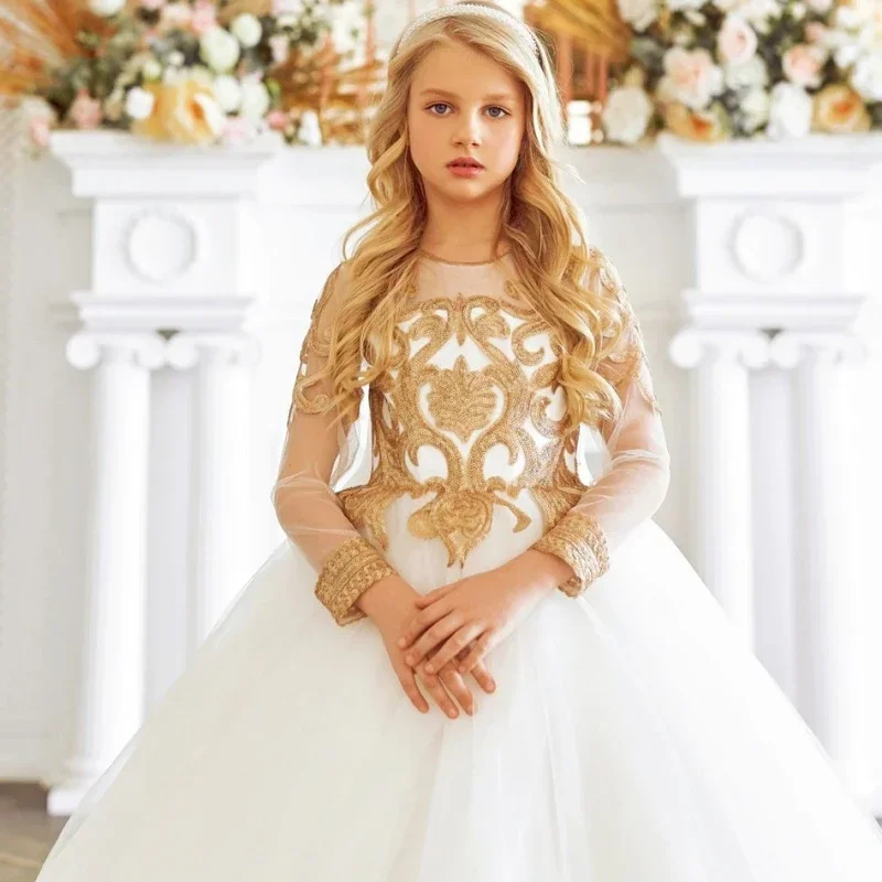 Luxury Glitter Sequined White Bow Flower Girl Dresses For Wedding Full Sleeves O-neck For Wedding Party First Communion Gowns