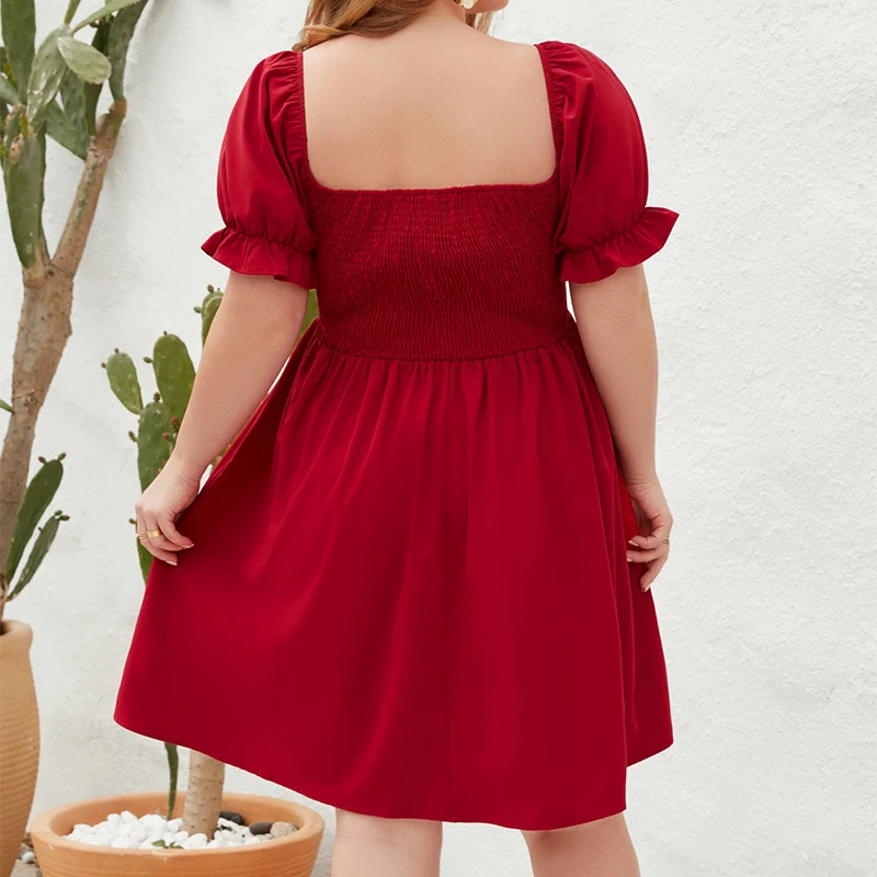 فستان نسائي صيفي قصير مقاس كبير، مقاسات كبيرة، فستان صيفي مثير بياقة مربعة للشاطئ، فساتين كاجوال بأكمام قصيرة منتفخة للعطلات