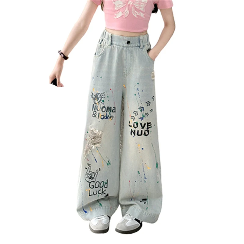 Child y2k Ripped Baggy Jeans with Drawings for Girl Harajuku Vintage High Quality Denim Pants Kids New Hip Hop Streetwear Jeans