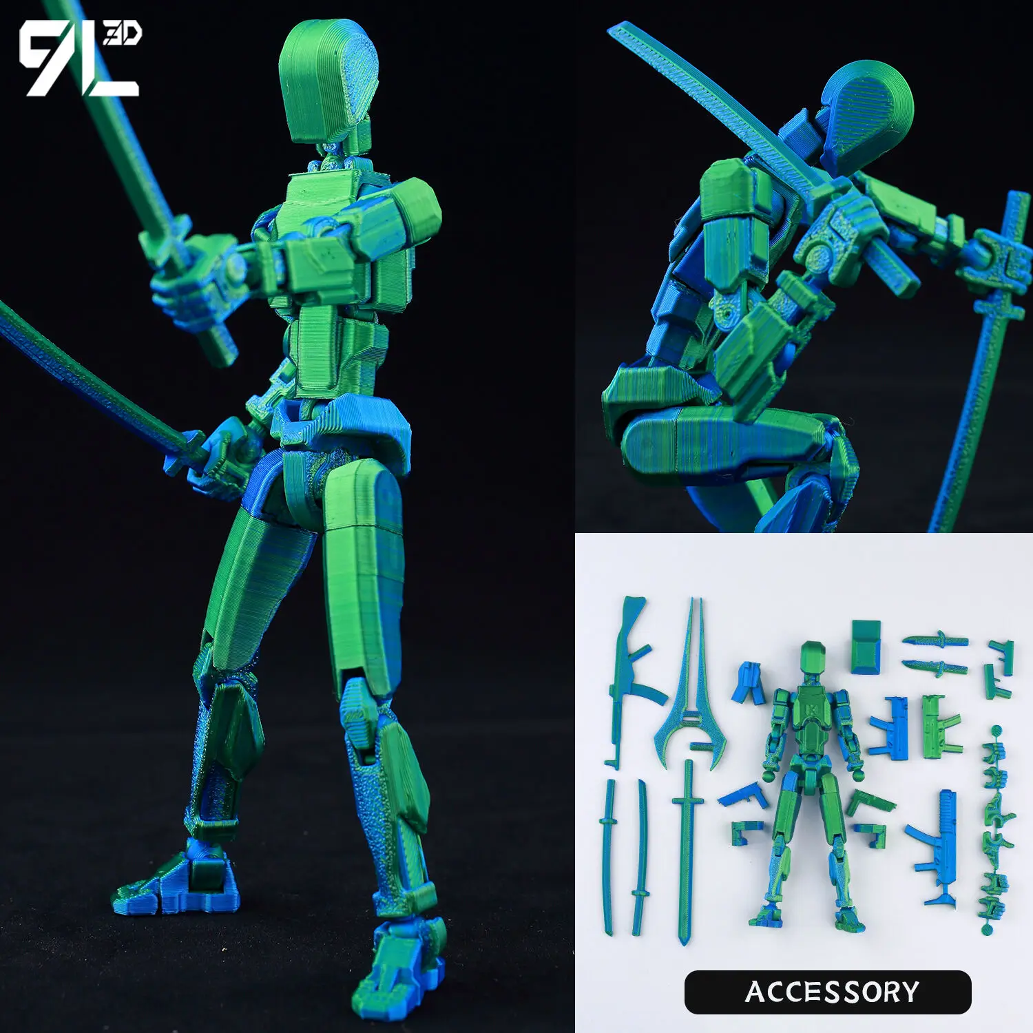 Maniquí de guerrero verde degradado, figura poseable 13 13 articulaciones para detener el movimiento, maniquí de artista impreso en 3D, herramienta de boceto de modelo DIY