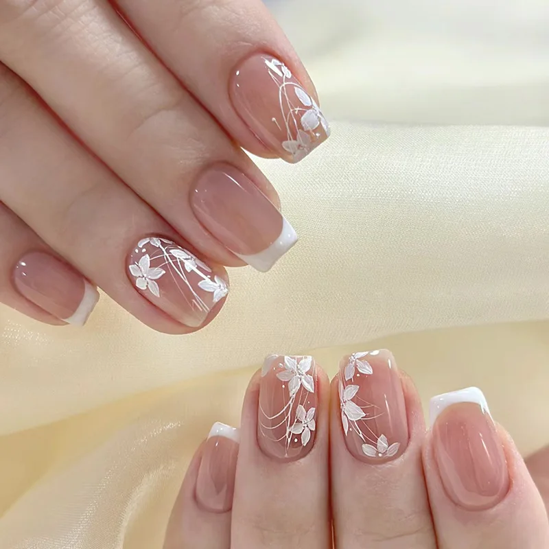 

24Pcs White Edge French Full Cover Nails Tips Short Nude Ballet Fake Nails with Simple Flower Wearable Press on False Nails Art