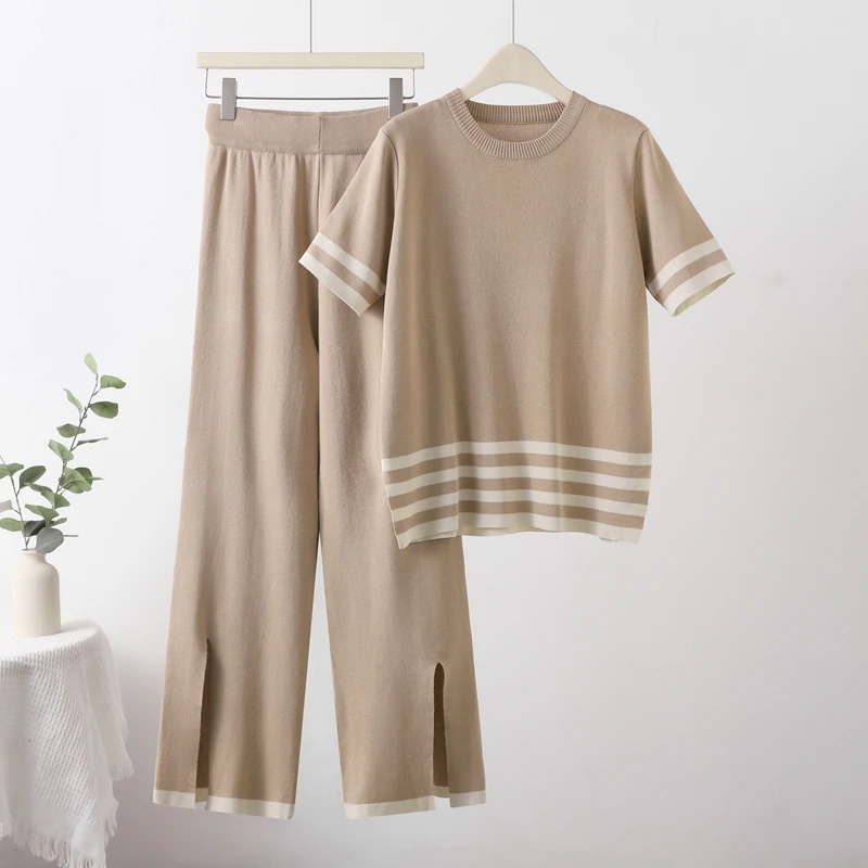 Knit Short Sleeve Tshirts Tops 2 Piece Sets Women Summer Striped Knitwear Tee Conjunto High Waist Split Wide Leg Pants Ensemble