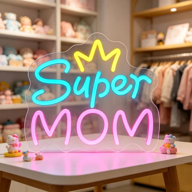 

Neon Sign Super Mom LED Night Light USB Rechargeable Pink Blue Aesthetic Desk Decor for Home Mothers Day Mom Birthday Gift