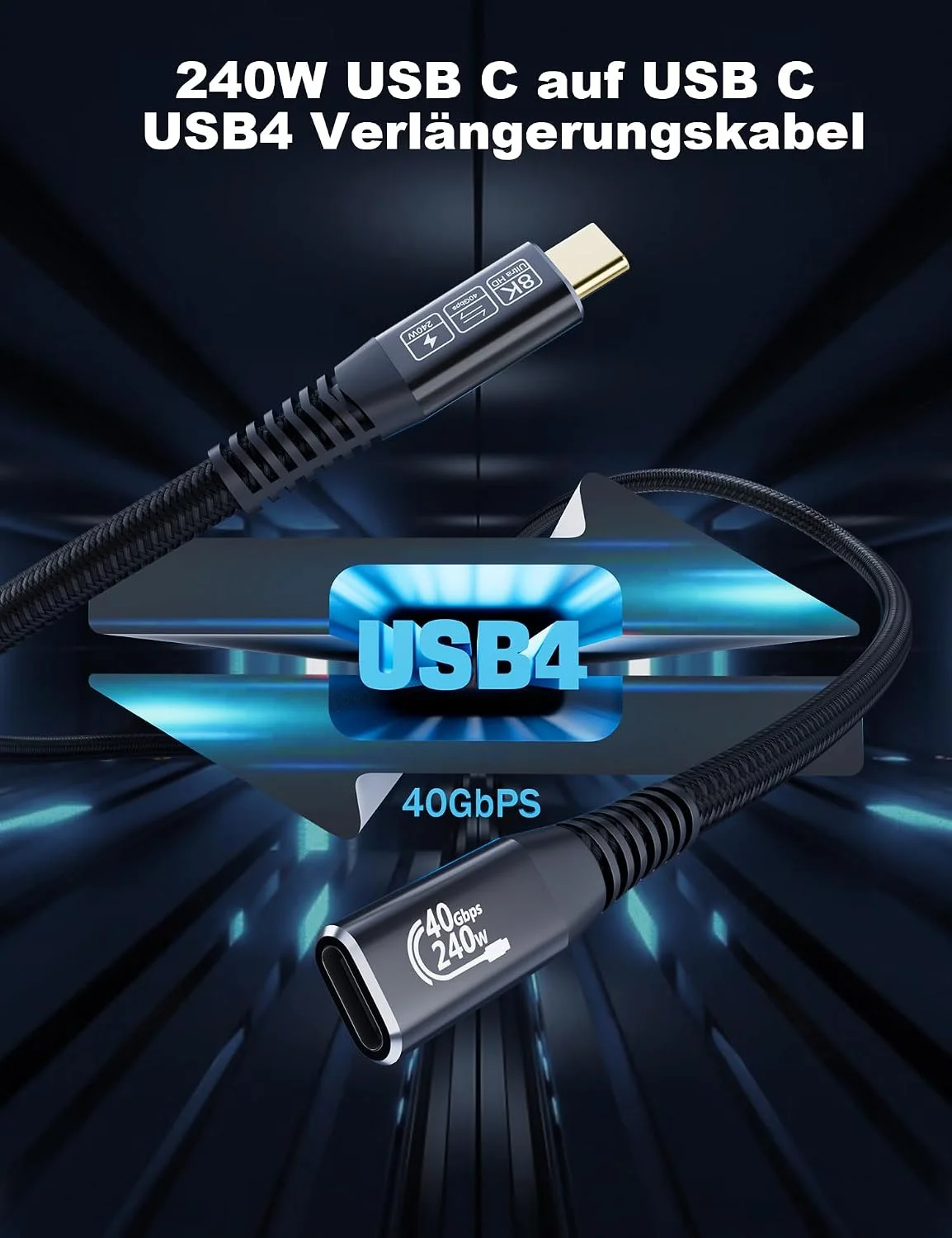 USB4 Type C Extension Cable 40Gbps 240W 8K@60Hz 4K@120Hz Braided USB-C Male to Female Data Video Cable Compatible with Laptop