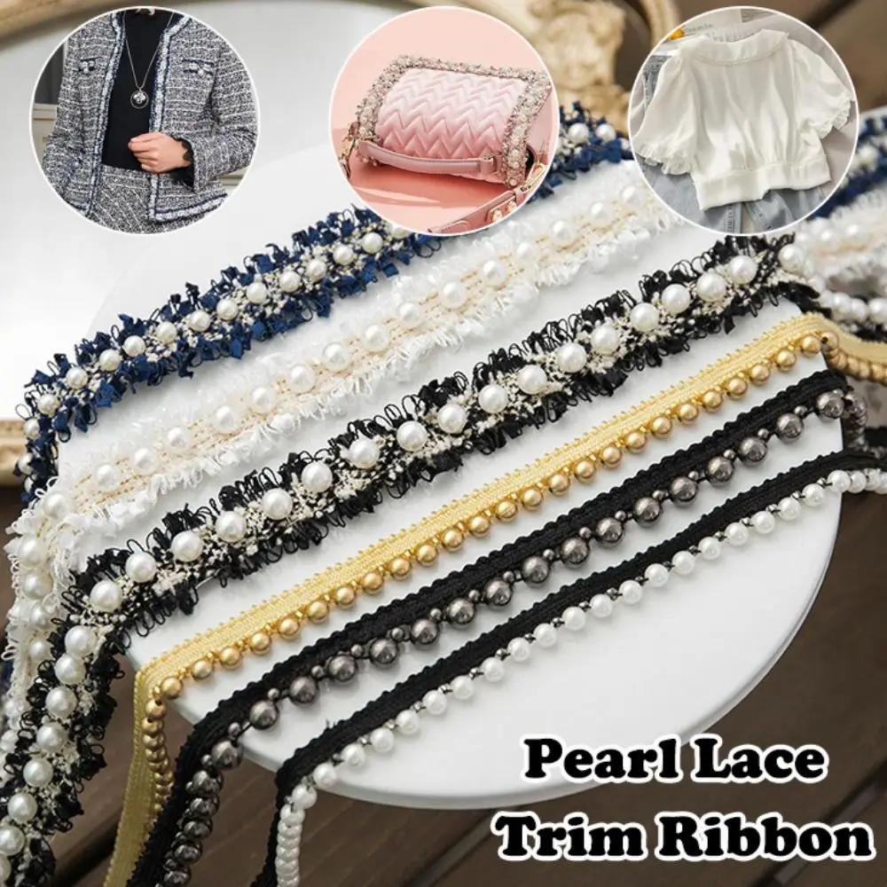 Applique Trim Beads Decoration Pearl Lace Trim Gold White 1Yard Fabric Trim Embroidered Applique Fabric Decoration