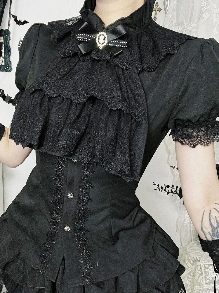 AltGoth قصر نمط خمر القوطي قميص المرأة الظلام مثير الحلو الجمالية الدانتيل المرقعة نفخة الأكمام بلوزة تنوعا الهذيان وتتسابق