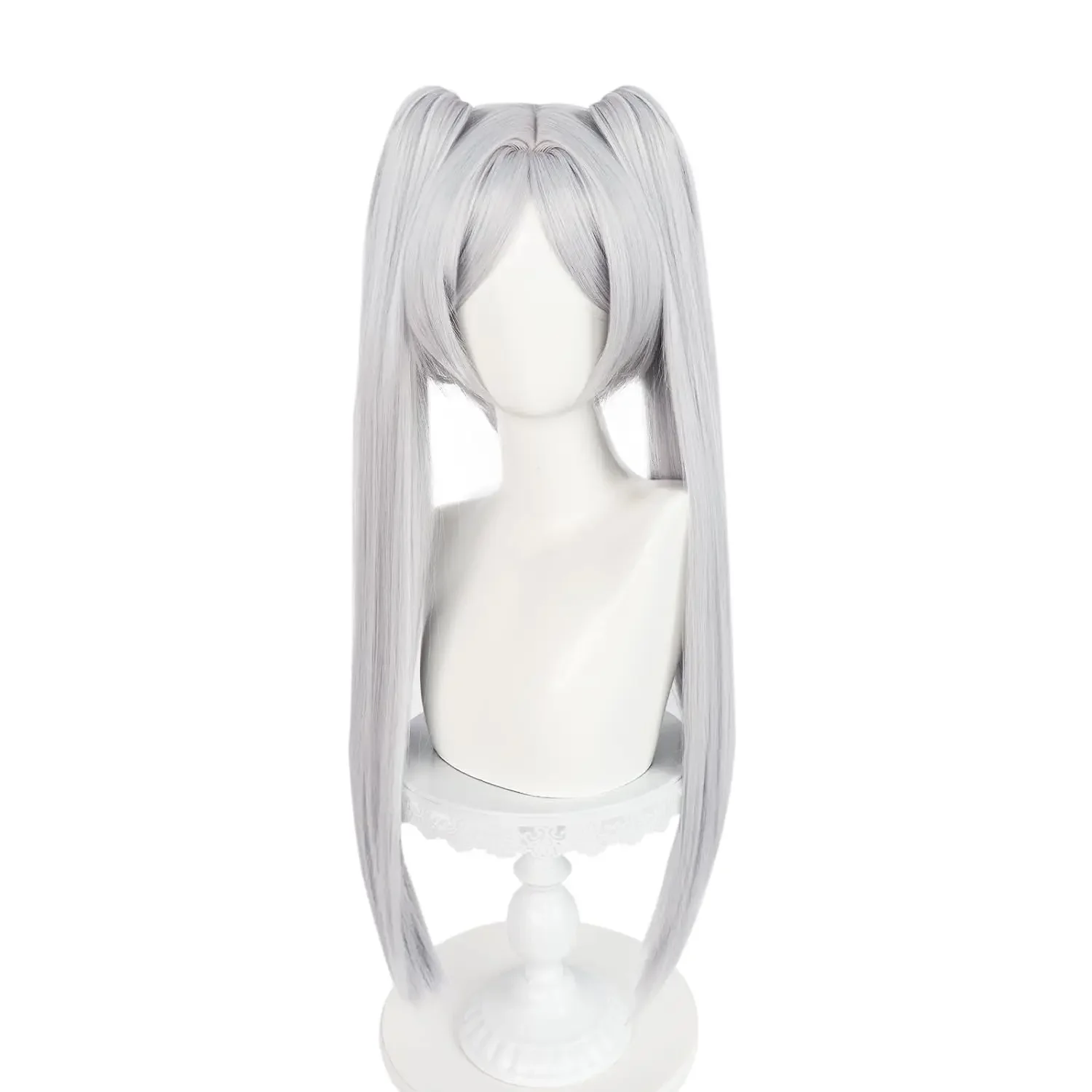 Frieren-Perruque Longue Droite avec Frange pour Femme, Double Queue de Cheval Blanche, Perruque Cosplay, ixd'Halloween