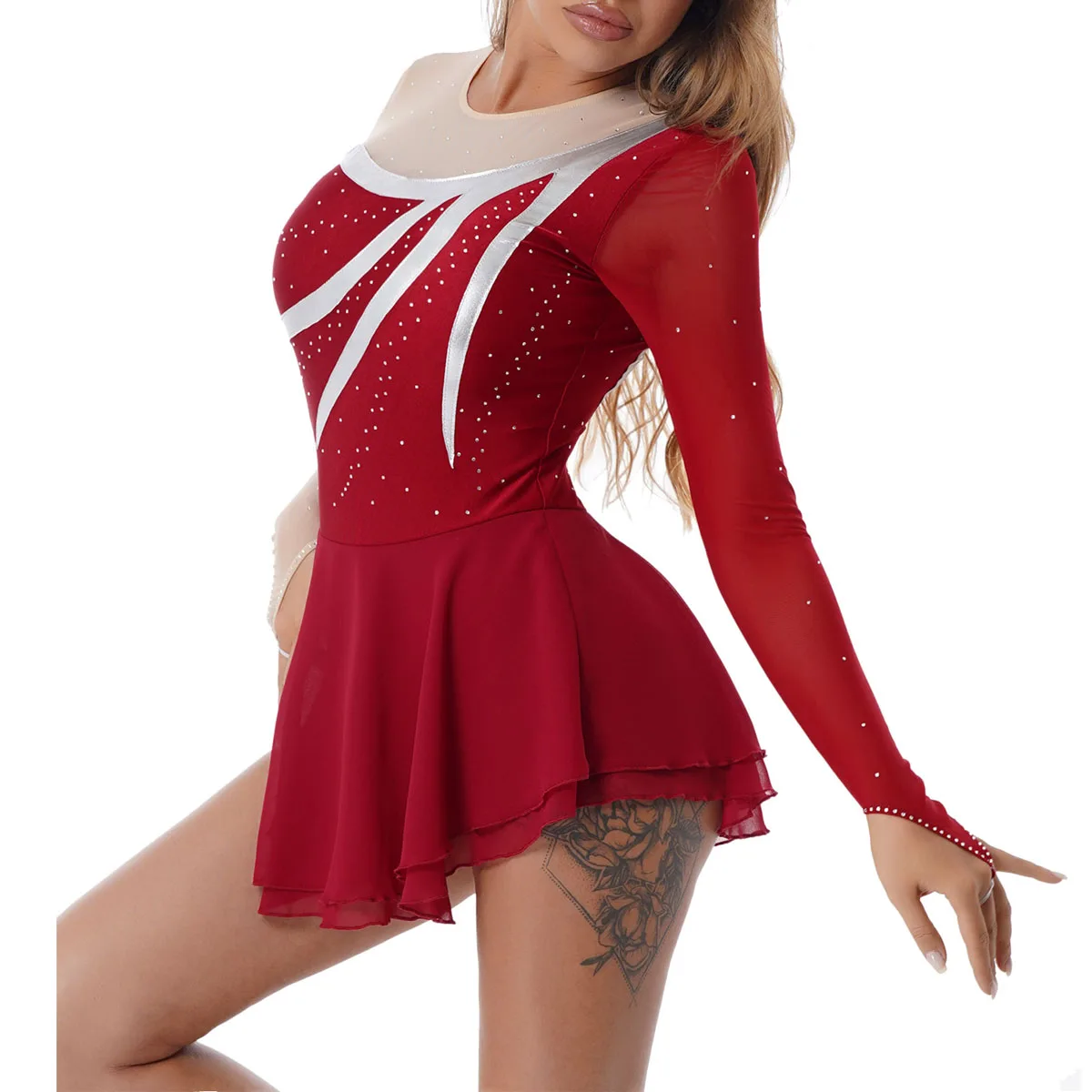 Mesh Long Sleeve Ballet Dance Dress Womens Rhinestone Figure Skating Artistic Gymnastic Training Performance Leotard Dress